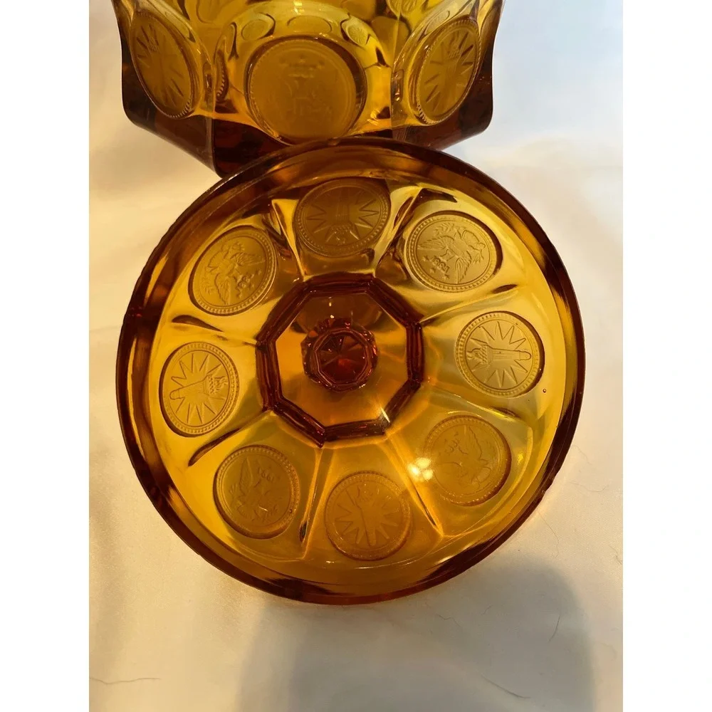 Vintage Fostoria Coin Wedding Bowl  Amber Glass Lidded Candy Dish 1887 Pattern